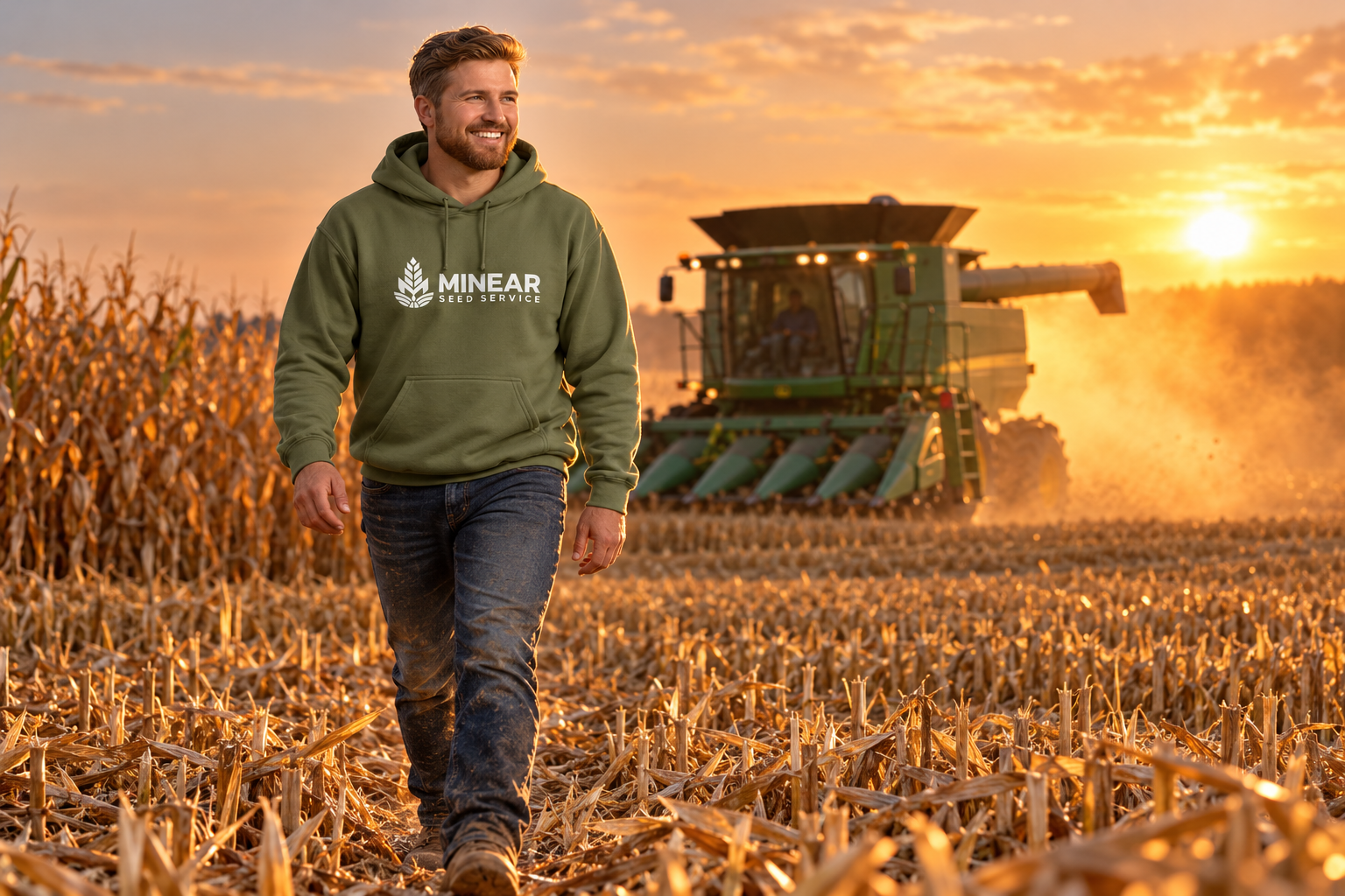 Brand concept: farmer wearing a green Minear sweatshirt in a harvest field with a combine at golden sunset