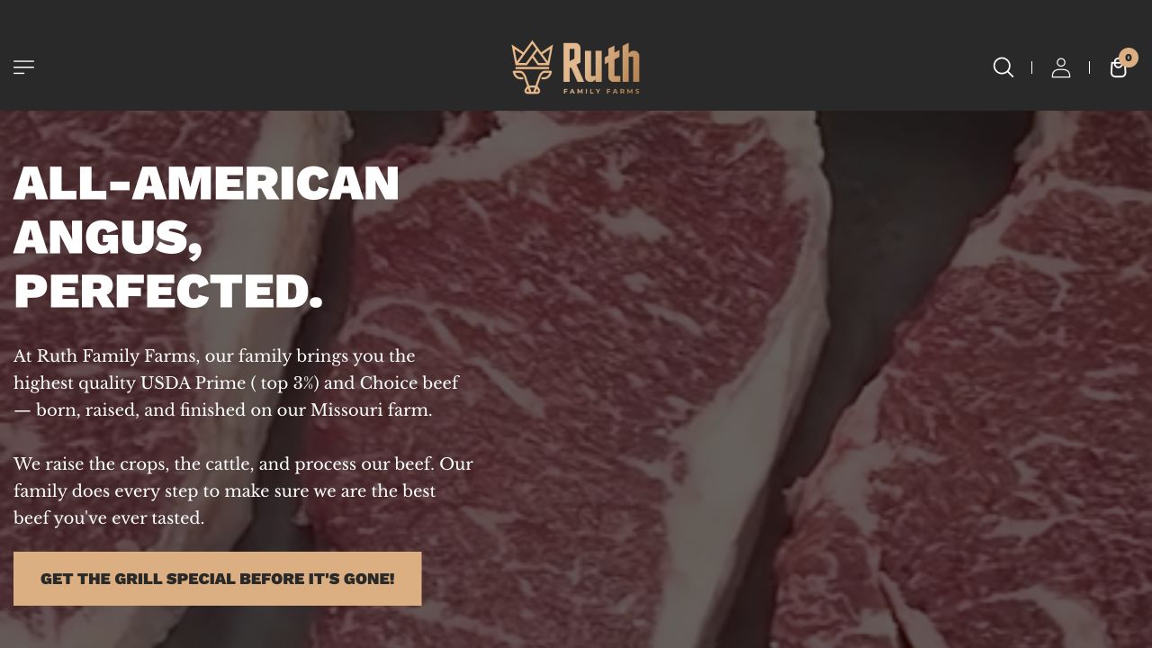 Actual Ruth Family Farms Shopify homepage at ruthfamilyfarms.com