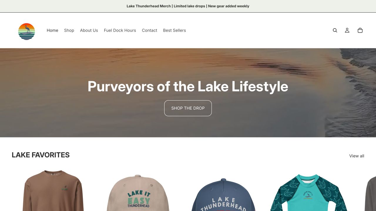 Actual Shoreline Supply Shopify homepage with Lake Favorites merchandise