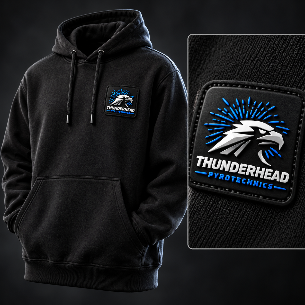 Black Thunderhead hoodie with an electric blue and silver PVC logo patch and enlarged patch detail